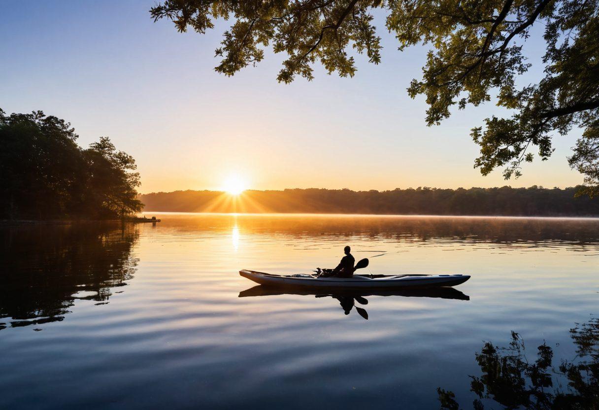 A serene lake scene at sunrise, with various types of watercraft including a sailboat, kayak, and jet ski, all peacefully floating on the water. In the foreground, an open insurance guide rests on a dock, with rays of sunlight reflecting off the pages. Lush trees surround the lake, adding tranquility to the atmosphere. Include an adventurous spirit with a silhouette of a person planning their next trip in the background. vibrant colors. super-realistic.
