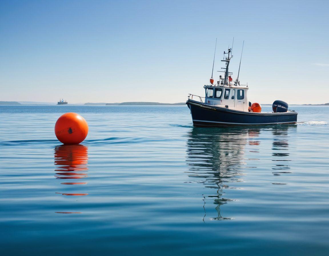 A serene maritime scene featuring a strong, well-equipped boat navigating through calm waters, surrounded by protective buoy markers and a distant shoreline. The image should convey a sense of security and adventure, with sunlight shining on the water's surface and a clear blue sky overhead. Include a subtle overlay of insurance policy documents in the foreground to symbolize protection. vibrant colors. super-realistic.
