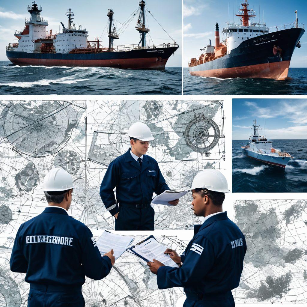 A detailed collage featuring a diverse group of maritime professionals inspecting a ship in dry dock, surrounded by nautical charts and safety equipment. Include elements like a lighthouse, crashing waves, and legal documents outlining liability in the maritime industry. The color palette should be rich in blue tones to evoke the ocean's depth and professionalism. Create a sense of teamwork and vigilance in a sunny coastal environment. super-realistic. vibrant colors. white background.